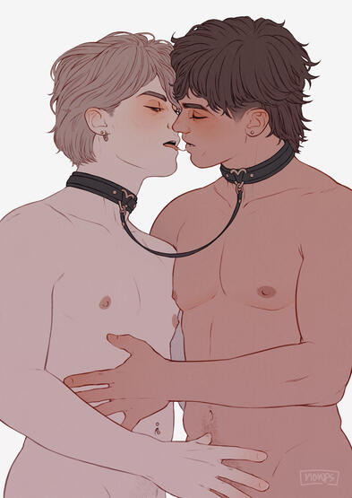 Iiva and Oiva wearing matching collars that are leashed to each other and gently pulling away from a kiss with a string of saliva on their lips