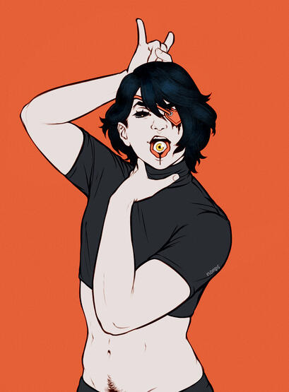 Eve wearing a heart shaped eye patch, having his mouth open with an eyeball on top of his tongue and making horns gesture with his right hand behind his head