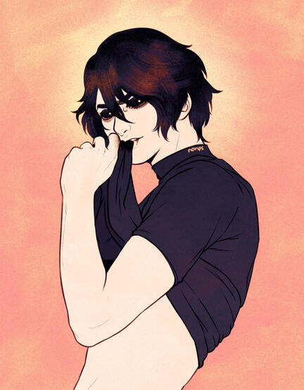 Eve lifting the hem of his shirt to wipe away the blood from his lips