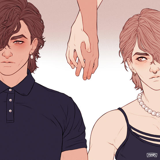 Oiva and Iiva standing side by side looking melancholic, on the background showing a close up of their lightly holding hands